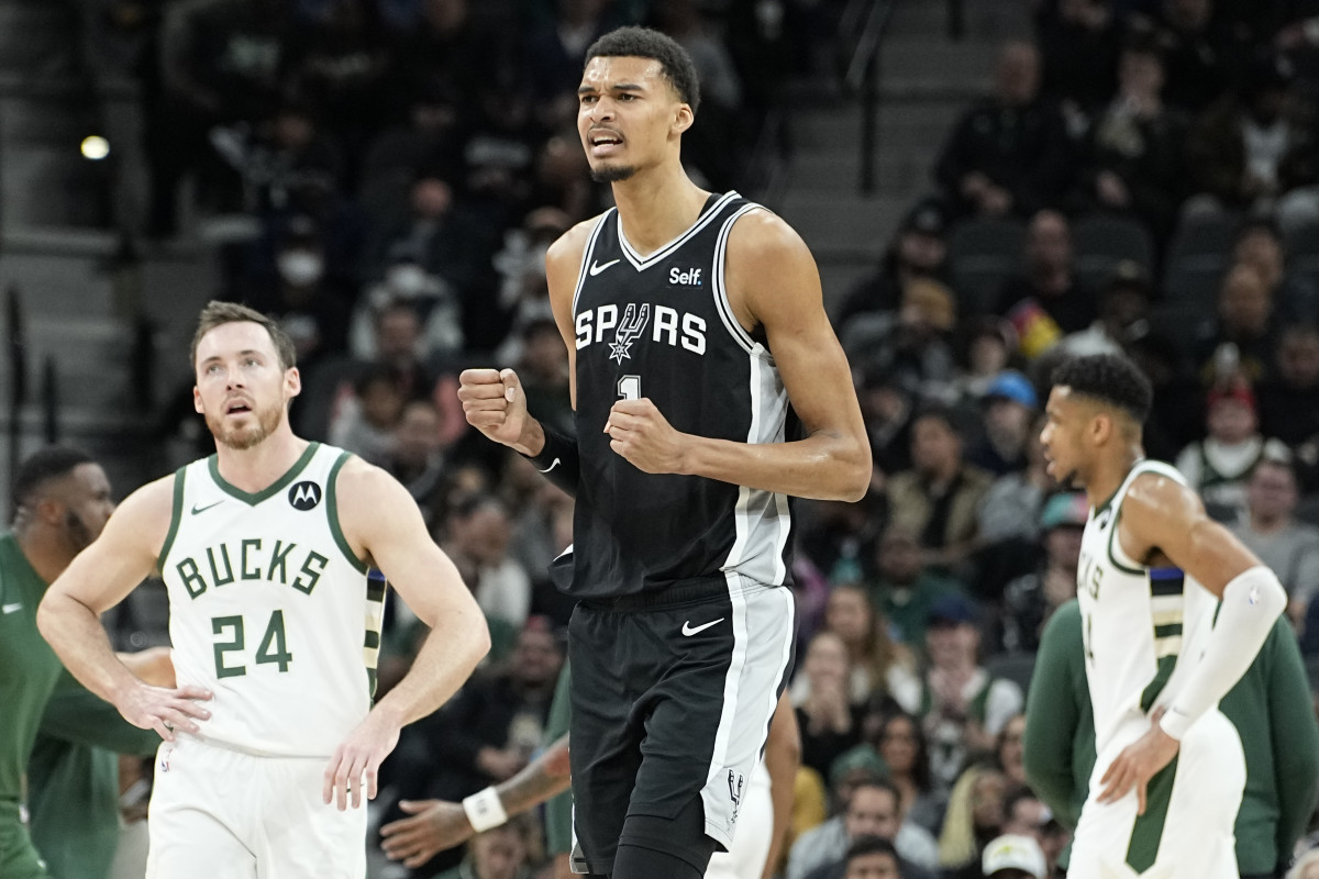 Jan 4, 2024; San Antonio, Texas, USA; San Antonio Spurs forward Victor Wembanyama (1) reacts during the first half against the Milwaukee Bucks at Frost Bank Center.